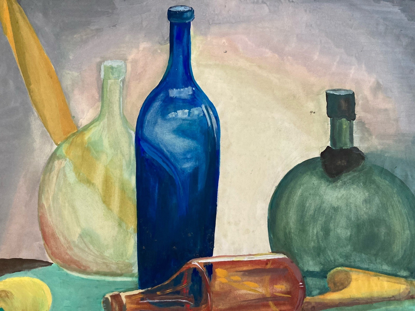 Belle Painting 1955 Gouache Paper Post Cubism Still Life Bottle Lemon