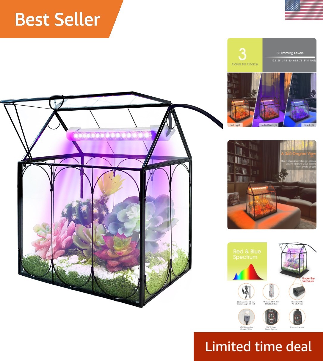 Elegant Octagonal Glass Terrarium Kit with Grow Light for Indoor Plants - 7.1...