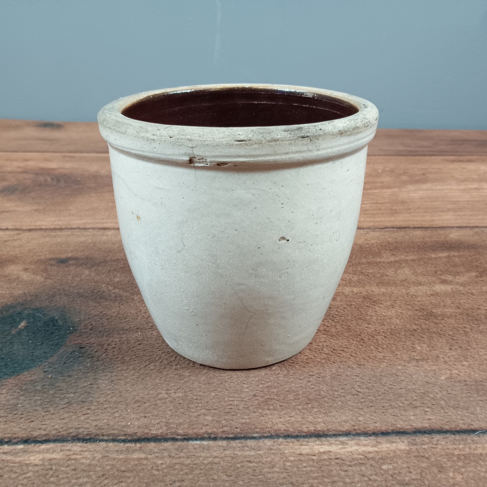 Antique Stoneware Crock Two Tone Salt Glaze Albany Slip Brown White 6 inch