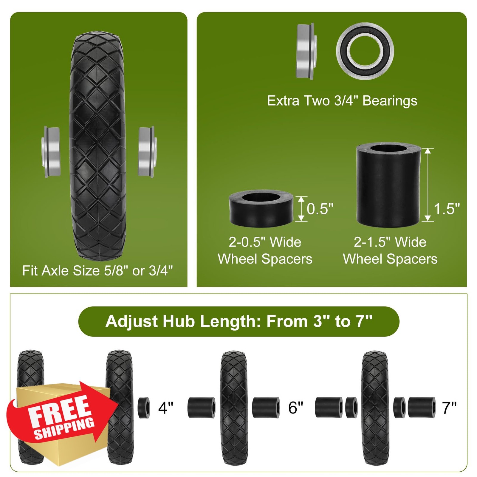 Pontuss 16" Flat Free Wheelbarrow Tire Wheel 4.80/4.00-8 Bearings