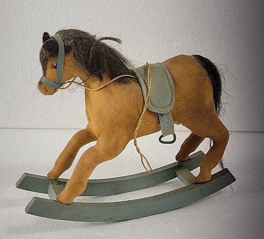 Vintage Rocking Horse Figurine Ornament Pony Brown Hair Mane Tail