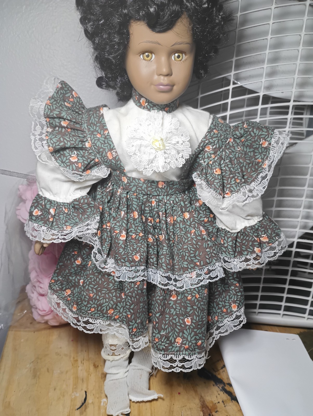 Porcelain Girl Doll African American Curly Black Hair Floral Dress Boots