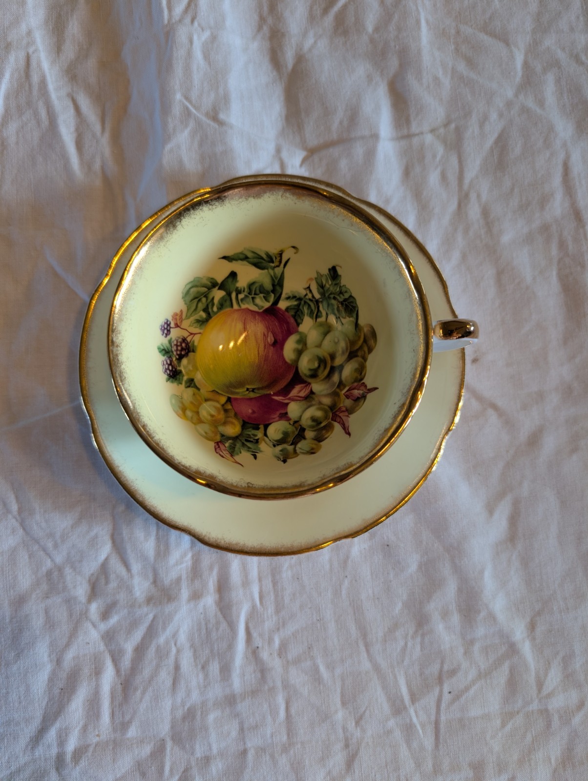 Royal Grafton Vintage Gold-Trimmed Fruit Teacup and Saucer Set