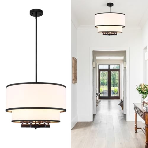 20" Modern Black Double with Fabric Shade, Adjustable Height 6 Drum Chandelier