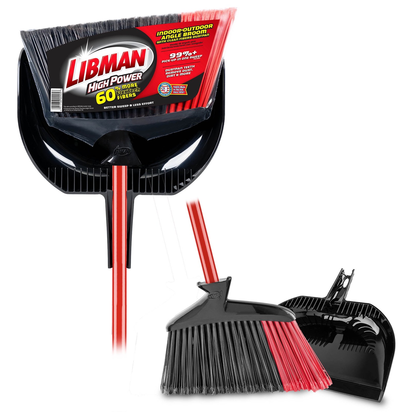 Power Angle Broom and Dustpan Red Steel Handle and Black Fibers