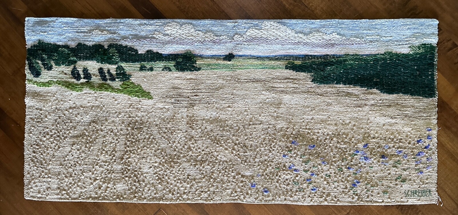 Vintage NY 1970s Sherry Schreiber Landscape Woven Fiber Art Textile Wall Hanging