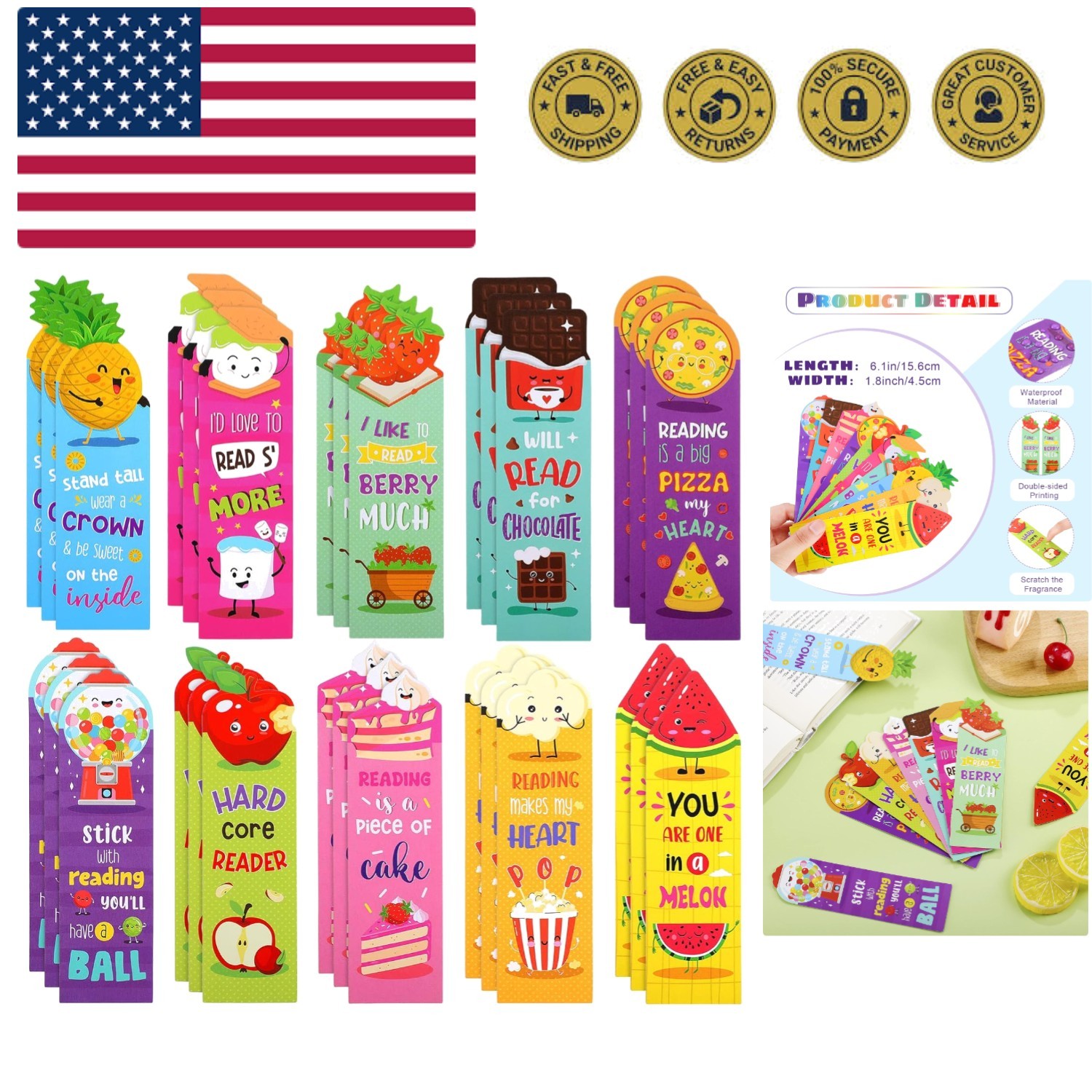 30 Pieces Scratch and Sniff Scented Bookmarks Kids Fruit Food Theme Sayings B...