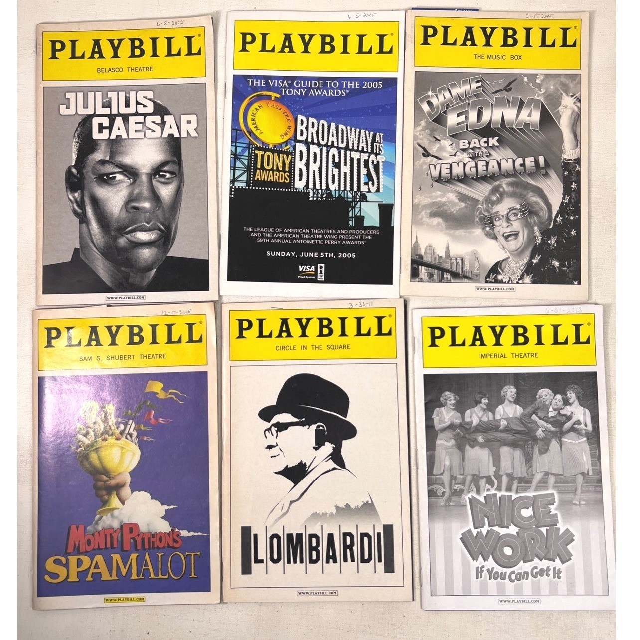 Vtg Broadway Playbill W/ Tickets Julius Caesar Spamalot Dame Edna Lombardi NYC
