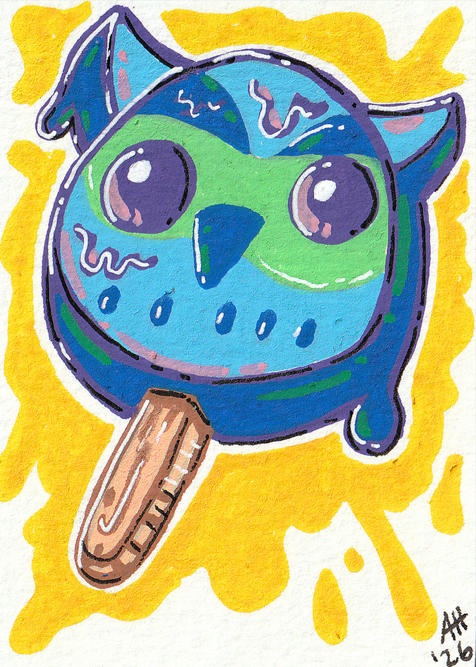 ACEO Original OOAK Drawing of an Owl Popsicle 2.5x3.5 on Paper by alihibb_art