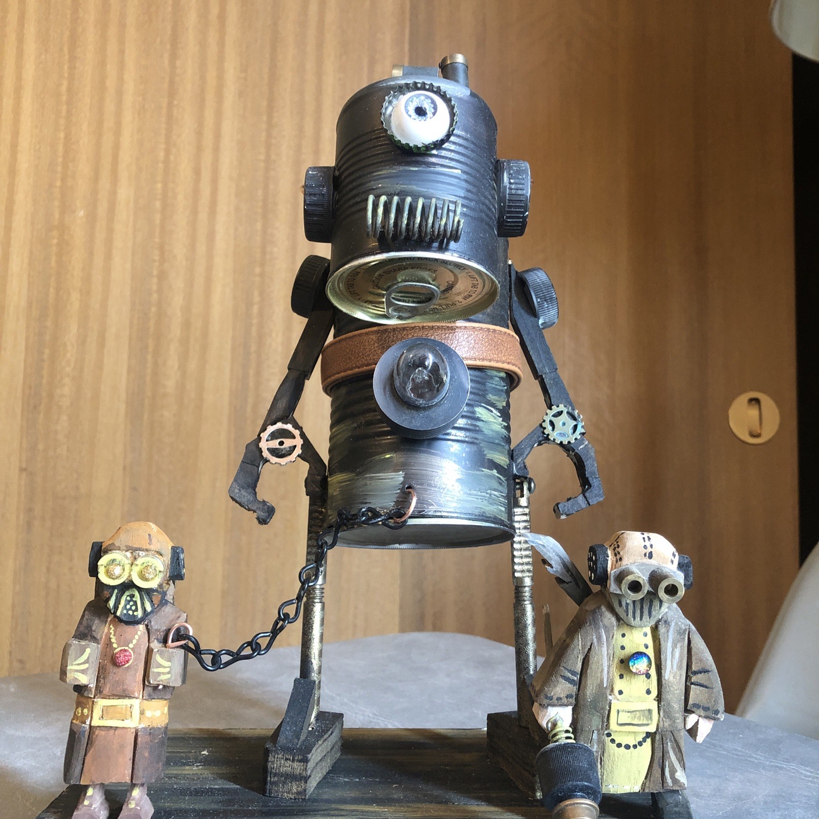 Tin Can Robot Mixed Media Wood Carving Sci-Fi Handmade OOAK
