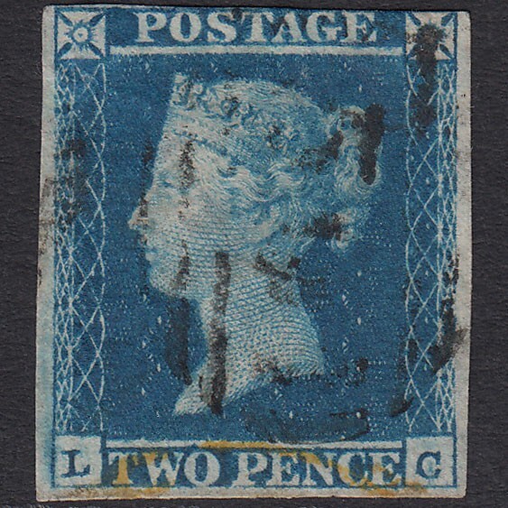 V10_27 GB QV 1841 2d BLUE PLATE 4 SG14-E1(2) LC GU NR 4 MARGINS YELLOW CANCEL