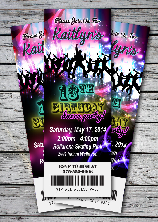 DANCE Disco GLOW NEON Birthday Party Invitation TICKET Stub in the dark GIRL BOY