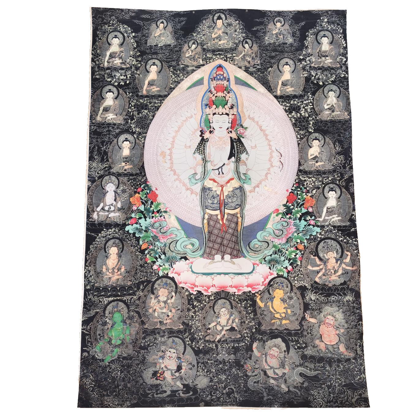 Chinese Old Tibet Paper Thangka painting Thousand hand hidden Buddha portrait