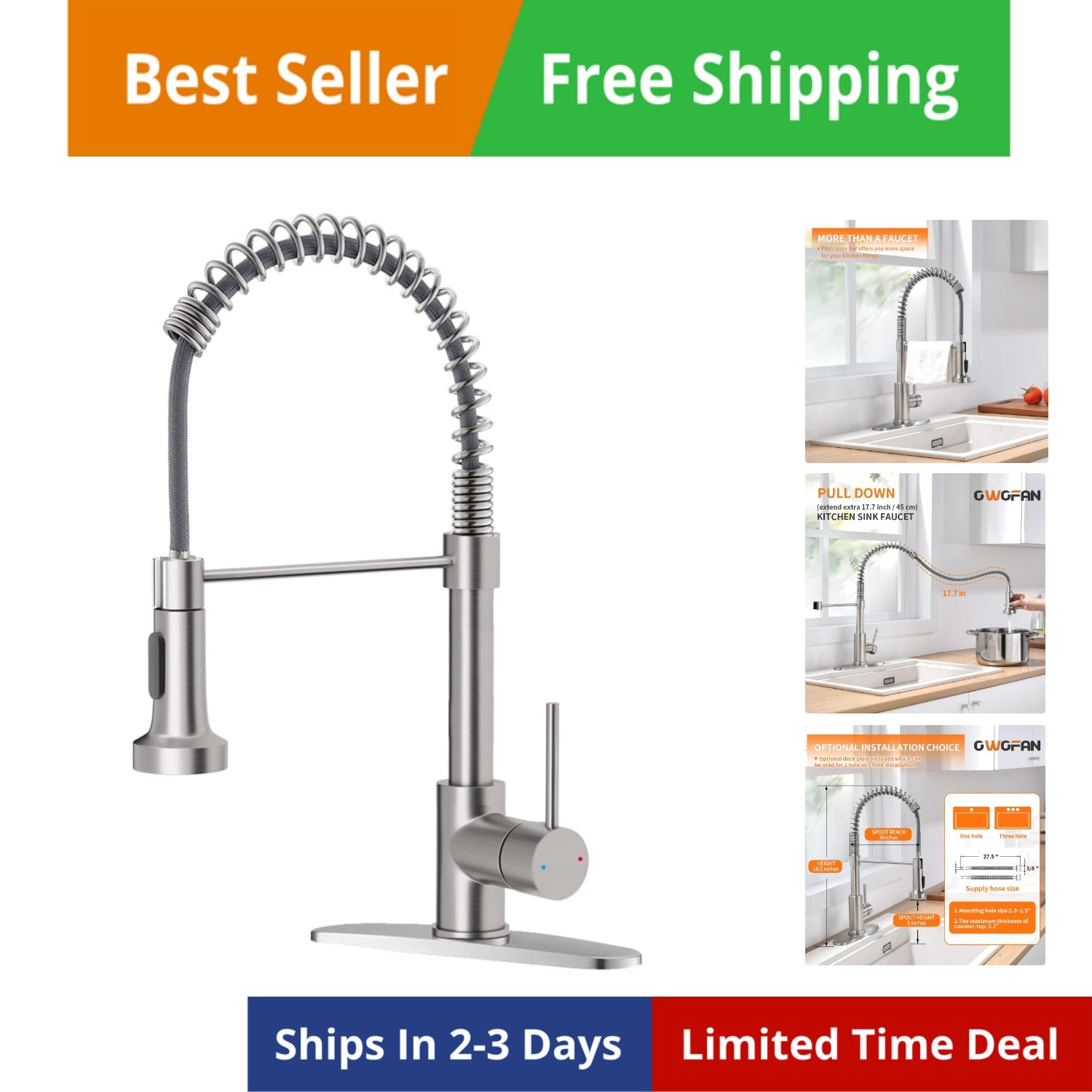 Kitchen Faucet with Pull Down Sprayer Brushed Nickel Stainless Steel 1 Handle...