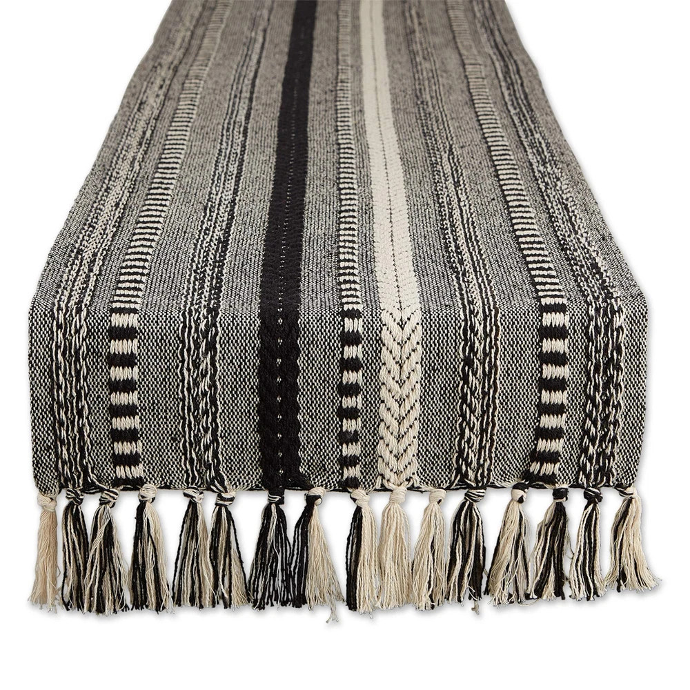 Black Woven Table Runner 15x72 with Macrame Fringe for Dining Tables