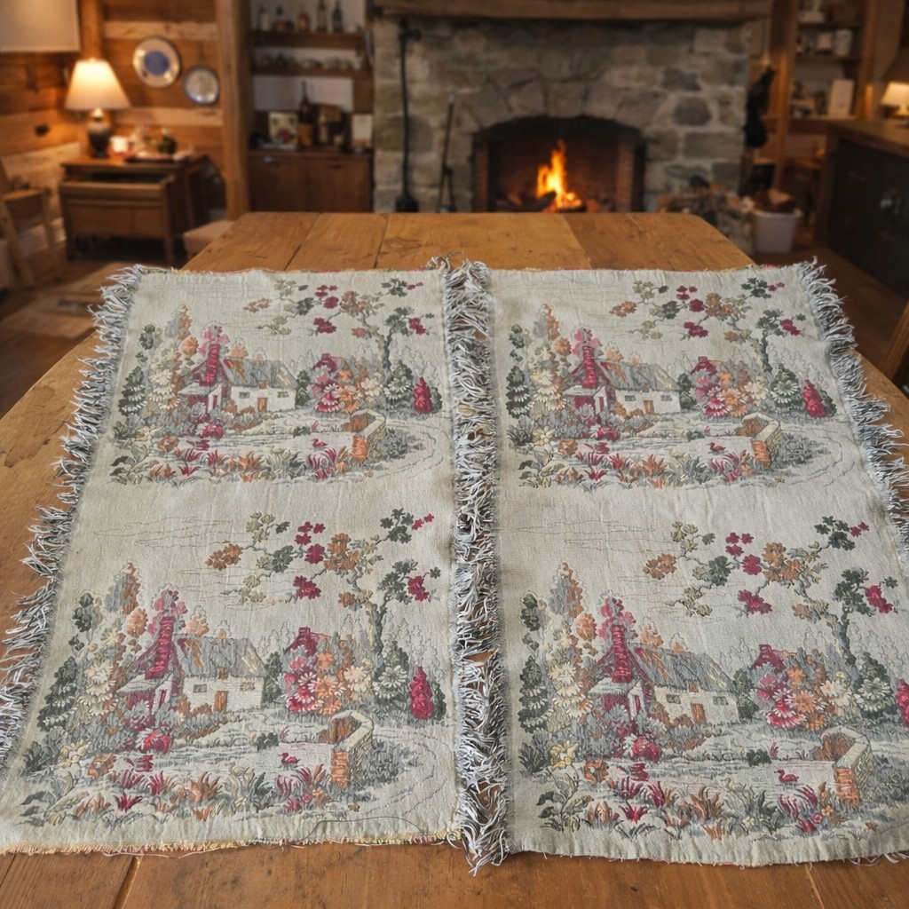 Vtg Cottagecore Granny Chic Tapestry Chair Back Cushion Panels Set Four 1940's 