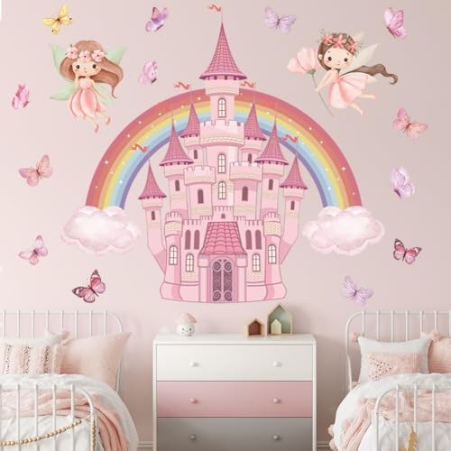 Rainbow Castle Wall Decals Fairy Butterfly Wall Stickers Pink Fairy Castle