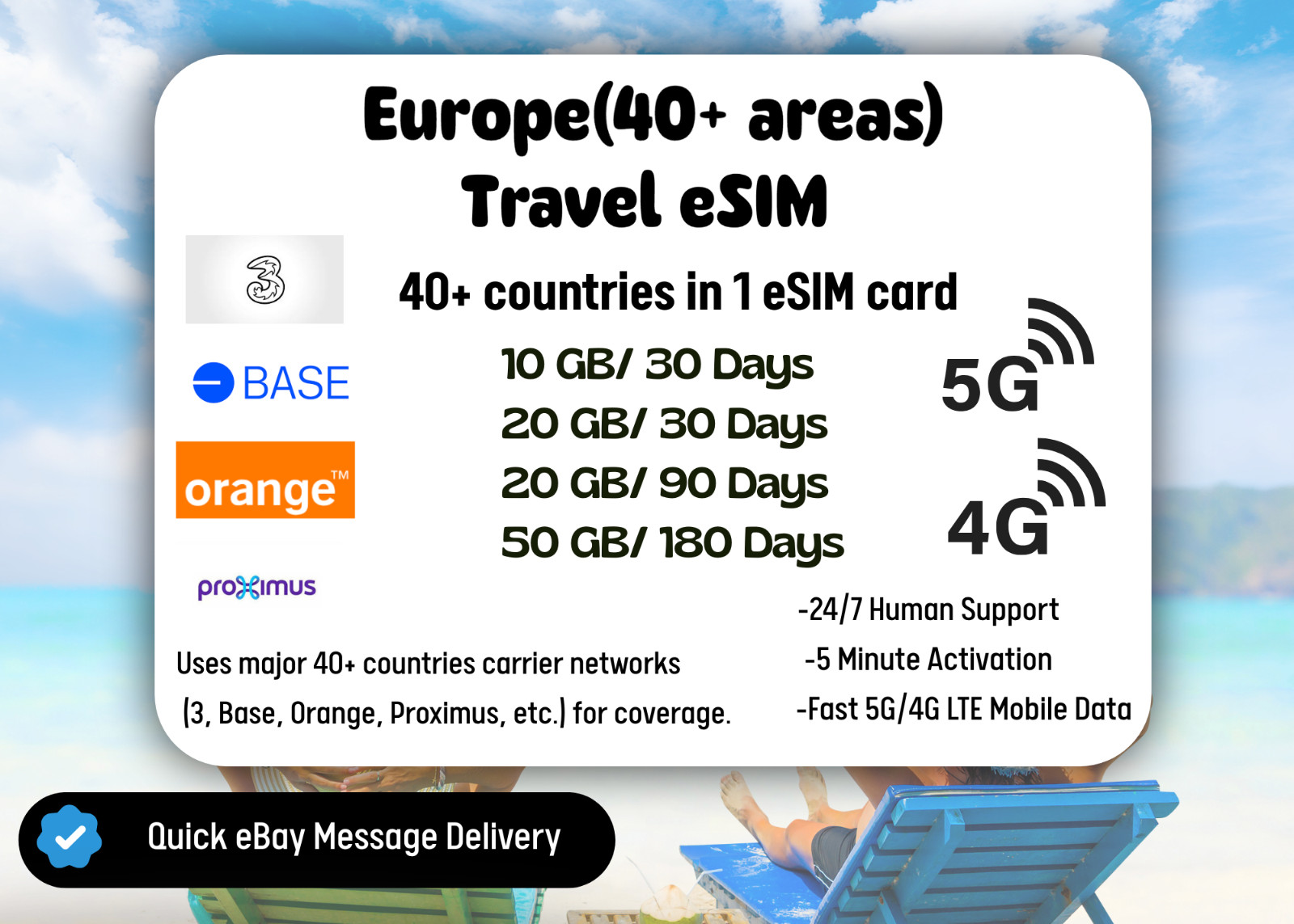 Europe (40+areas)Travel eSIM,10-50GB,30-180Days,QR Code,Same Day Delivery
