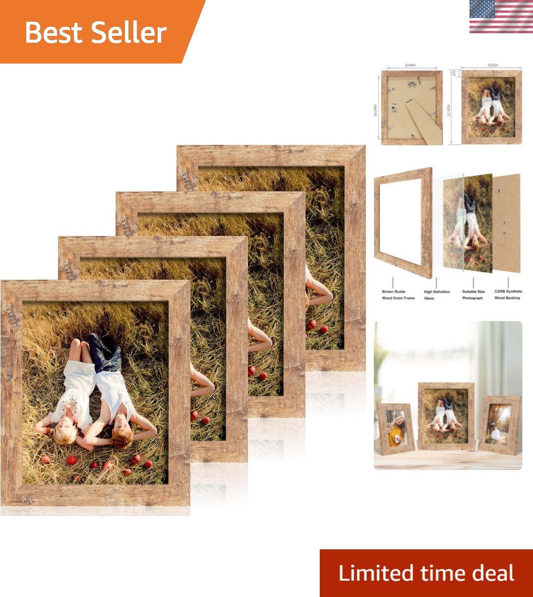 8x10 Picture Frame Set of 4, High Definition Real Glass Rustic Brown Frame, 8...