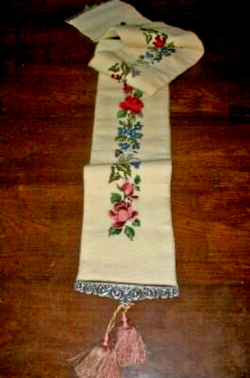 Cottagecore Needlepoint Bell Pull Roses Pewter Hardware Tassels Sweden Handmade