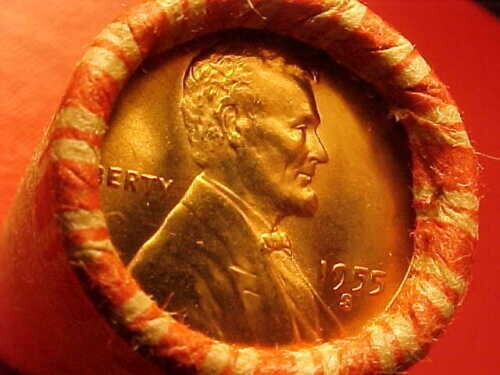 1955-S OBW ORIGINAL BANK WRAPPED ROLL UNCIRCULATED+ LINCOLN WHEAT CENT PENNIES