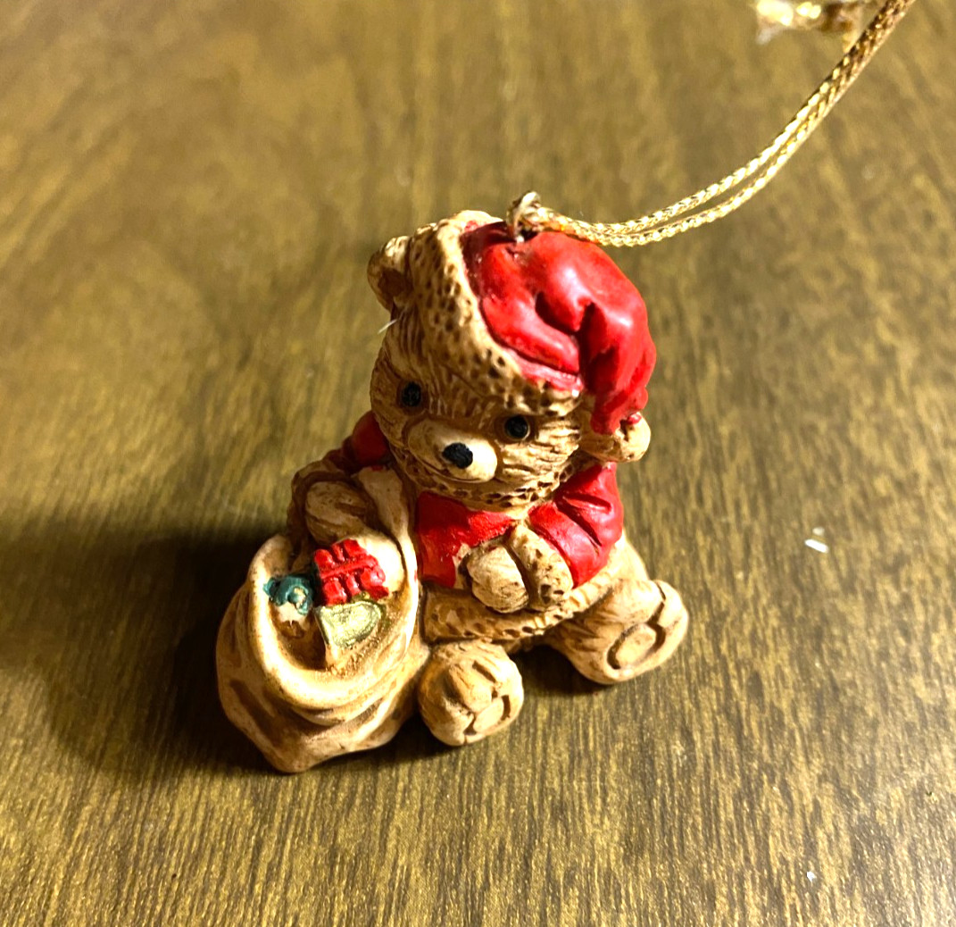 Tiny Resin Bear Holds Sack Christmas Ornament 1 1/2"