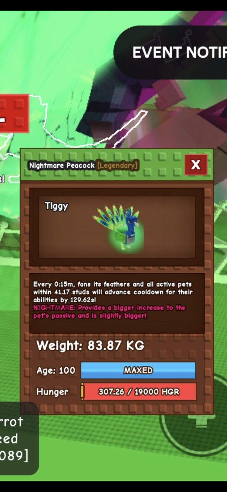 15 Sec TITANIC Nightmare Peacock 83kg Age 100