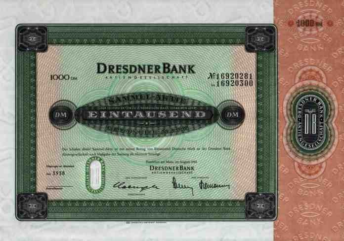 Dresdner Bank Frankfurt 1983 Bremen Bückeburg Beuthen 1000 DM Collectible Common Share