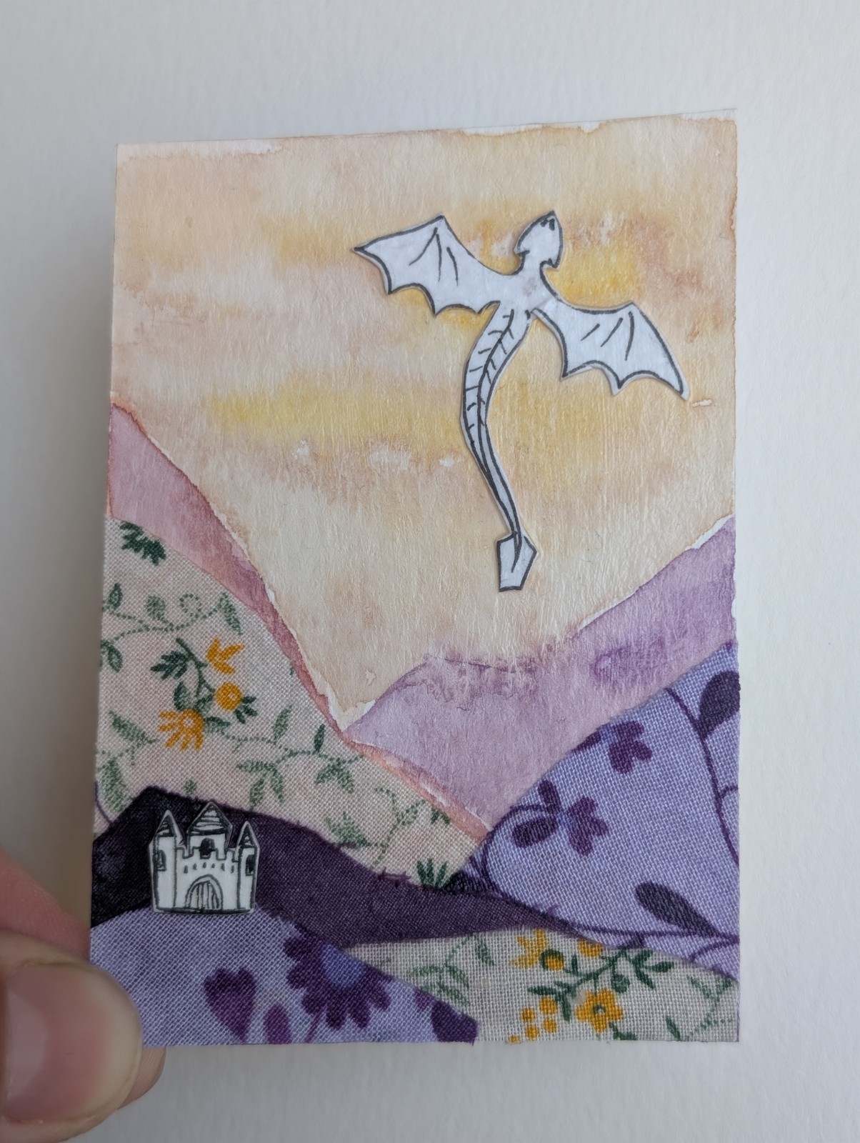 ACEO Original Art Card Drawing Mixed Media Castle Dragon Signed by artist 