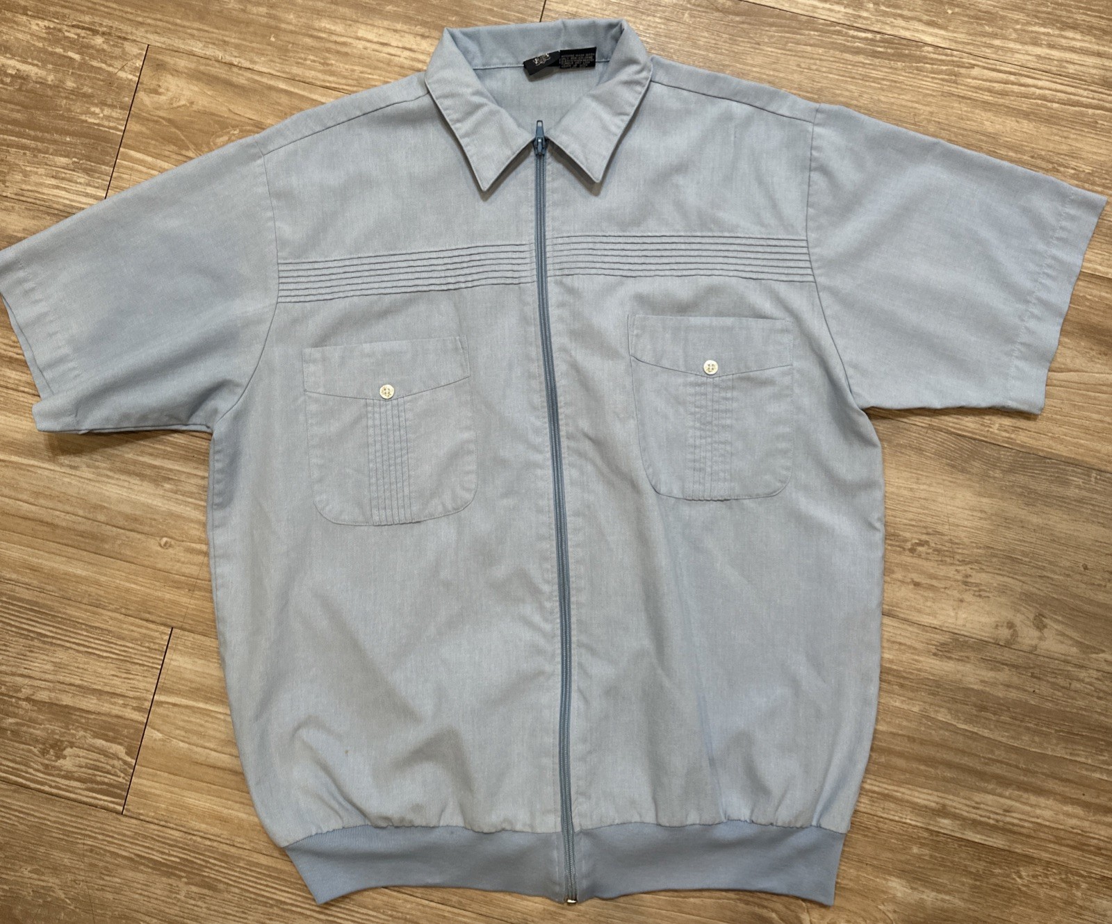 Vintage J. Blair Blue Zip Up Shirt Pleated Pocket Short Sleeve Med Waistband