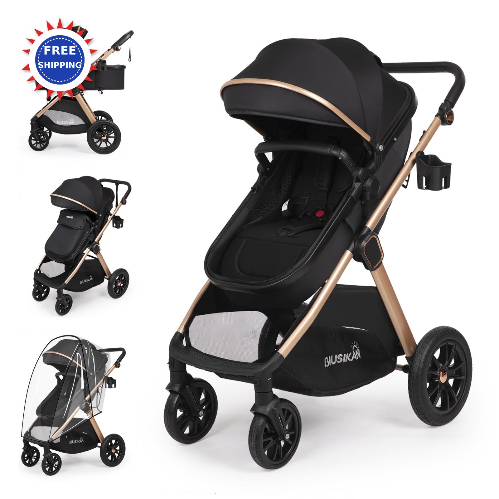 Stroller 6-in-1 Convertible Folding Infant Newborn Toddler Large Wheels Baby