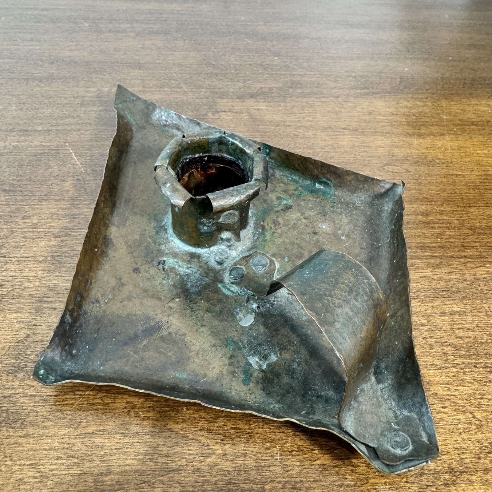 Antique Arts & Crafts Hammered Copper Candlestick Holder Primitive Patina 1930