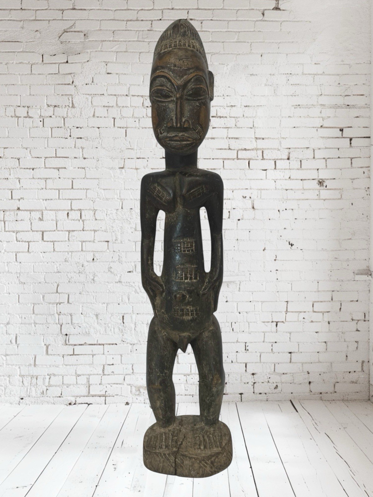 African Tribal Art Carved Wood Baule Fertility Male Statue - Ivory Coast 23.5"