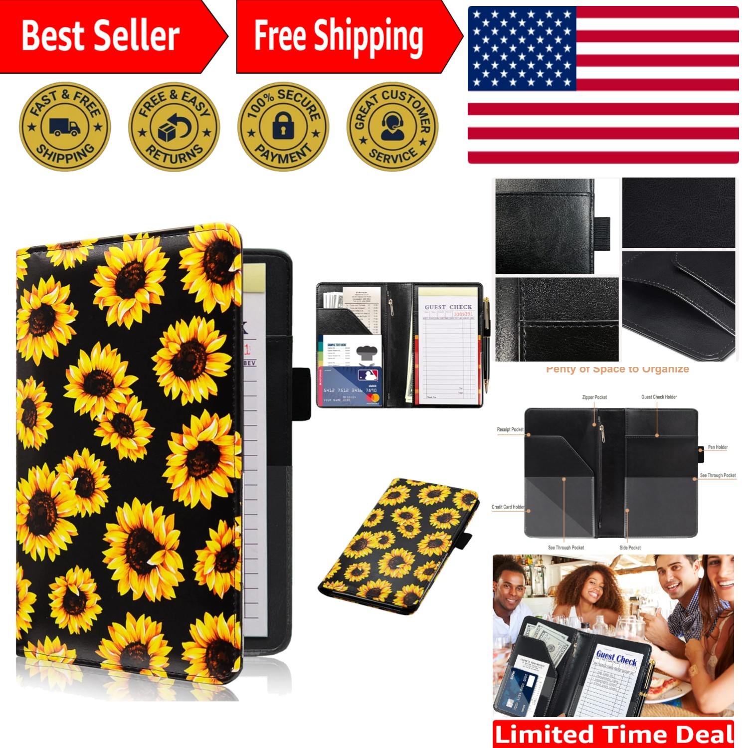 Server Book with Zipper Pocket,  Leather Server Books for Waitress, Waiter Wa...