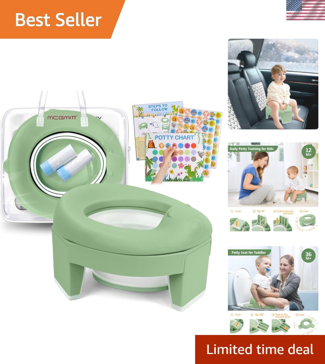 Foldable Toddler Training Toilet - Travel-Friendly Potty with 20 Disposable Bags