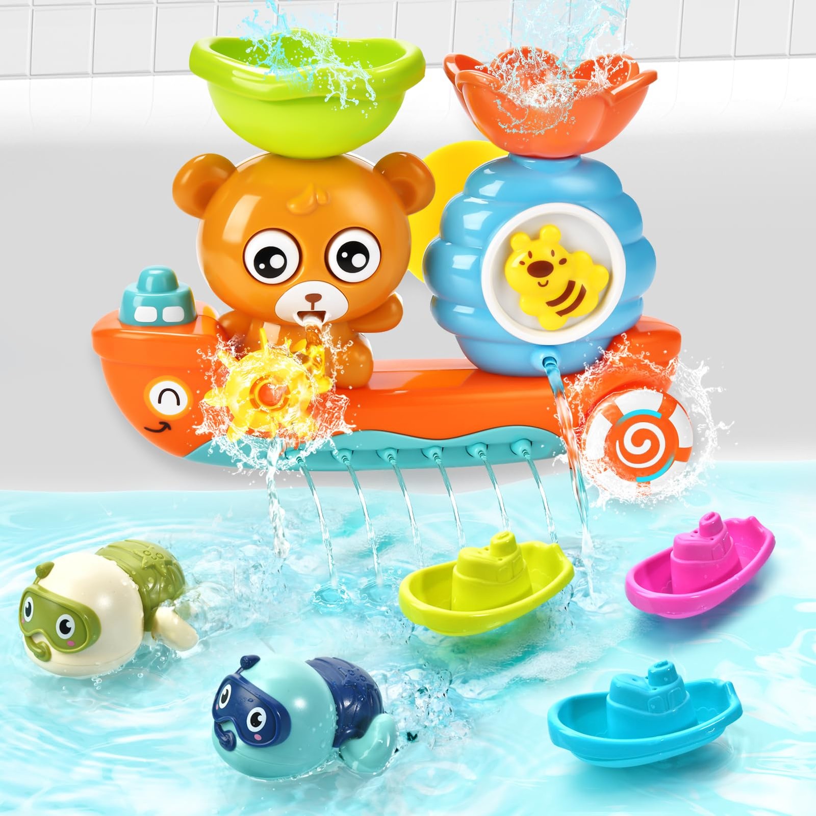 Baby Bath Toys Toddlers 1-3 Bear Kids Bath Tub Toys with 2 Turtle Swimming Wi...