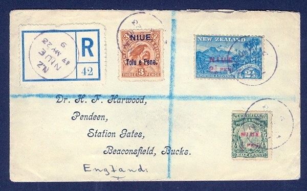 NIUE 1923 NEW ZEALAND OVPTS COMBO REGISTERED TO UK