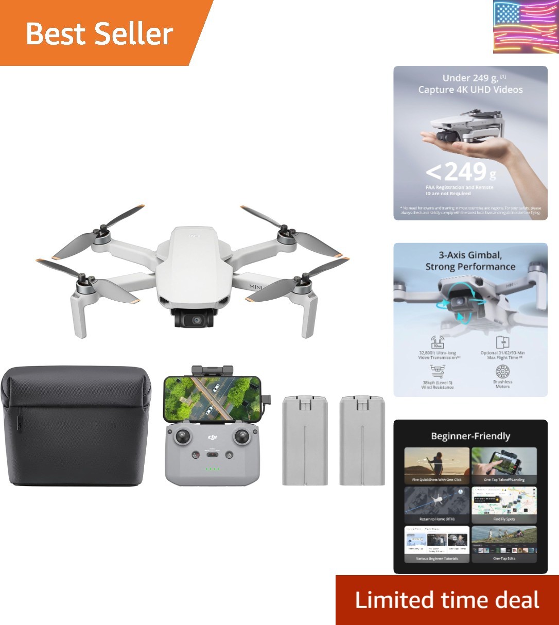 Mini 4K Camera Drone Combo, Drone with 4K UHD Camera for Adults, Under 249 g,...