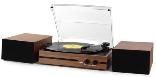 Vinyl Record Player with Dual Stereo Bookshelf Speakers Vintage Belt Coffee