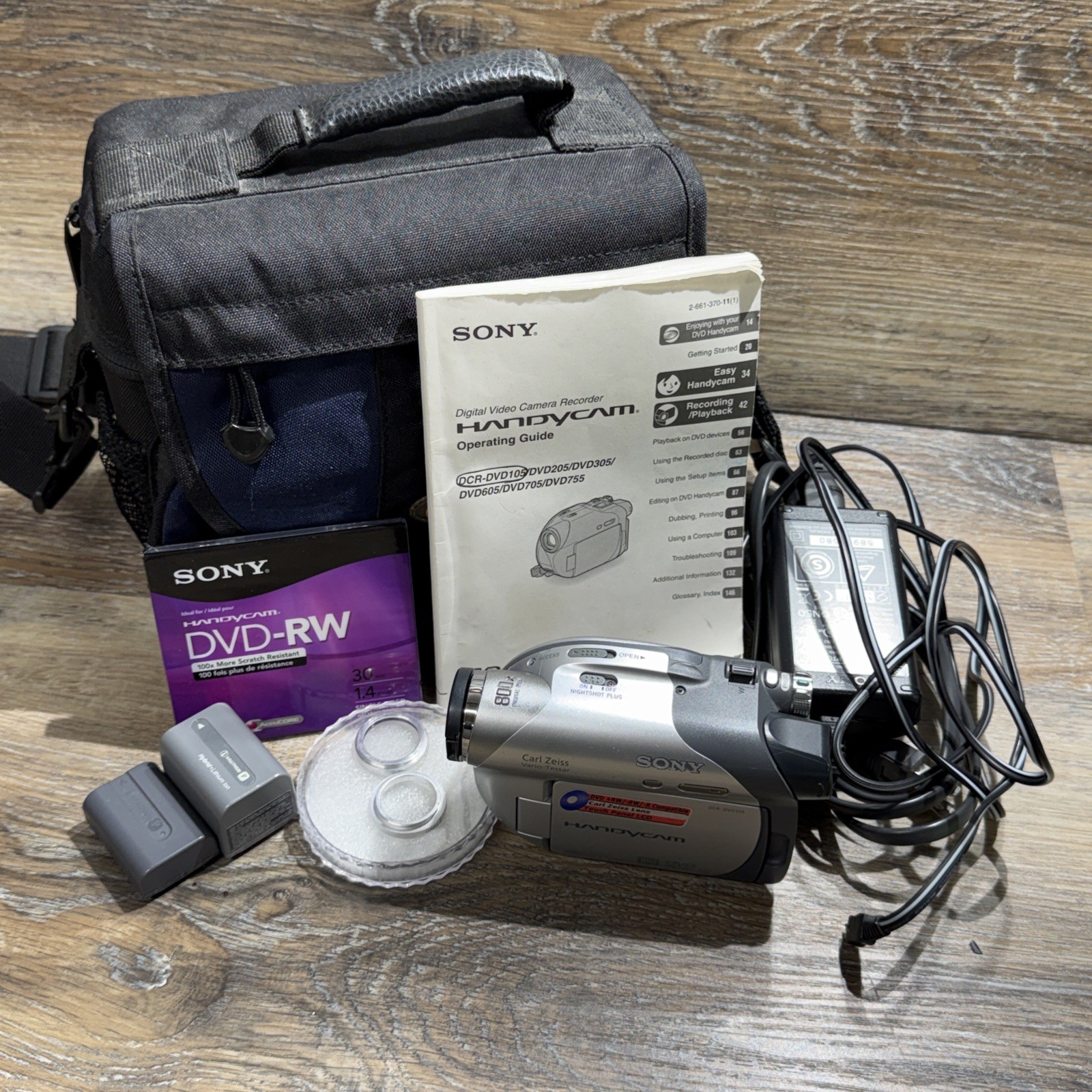 Sony DCR-DVD103 Mini DVD Camcorder Nightshot Mode Full KIT Charger Disks Bats