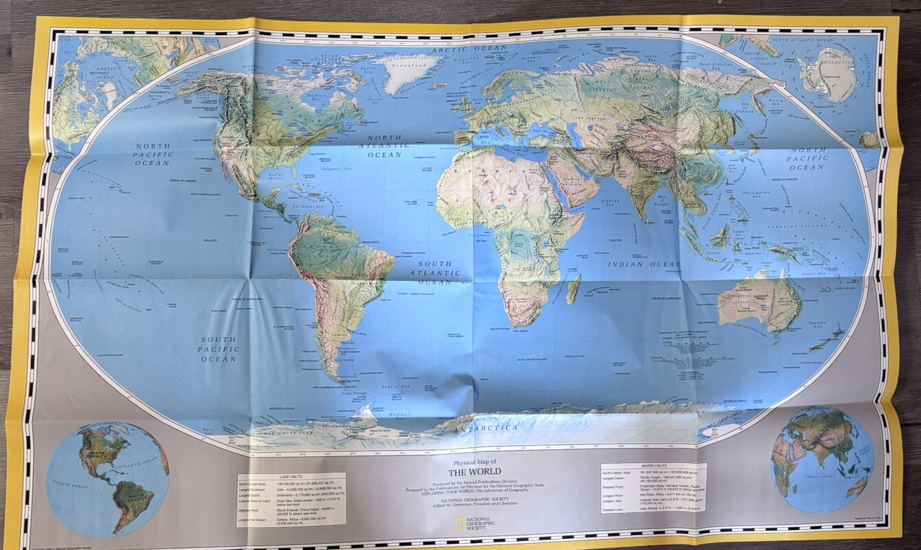 🌎 1989 Physical Map Of The World - National Geographic Society Double Sided