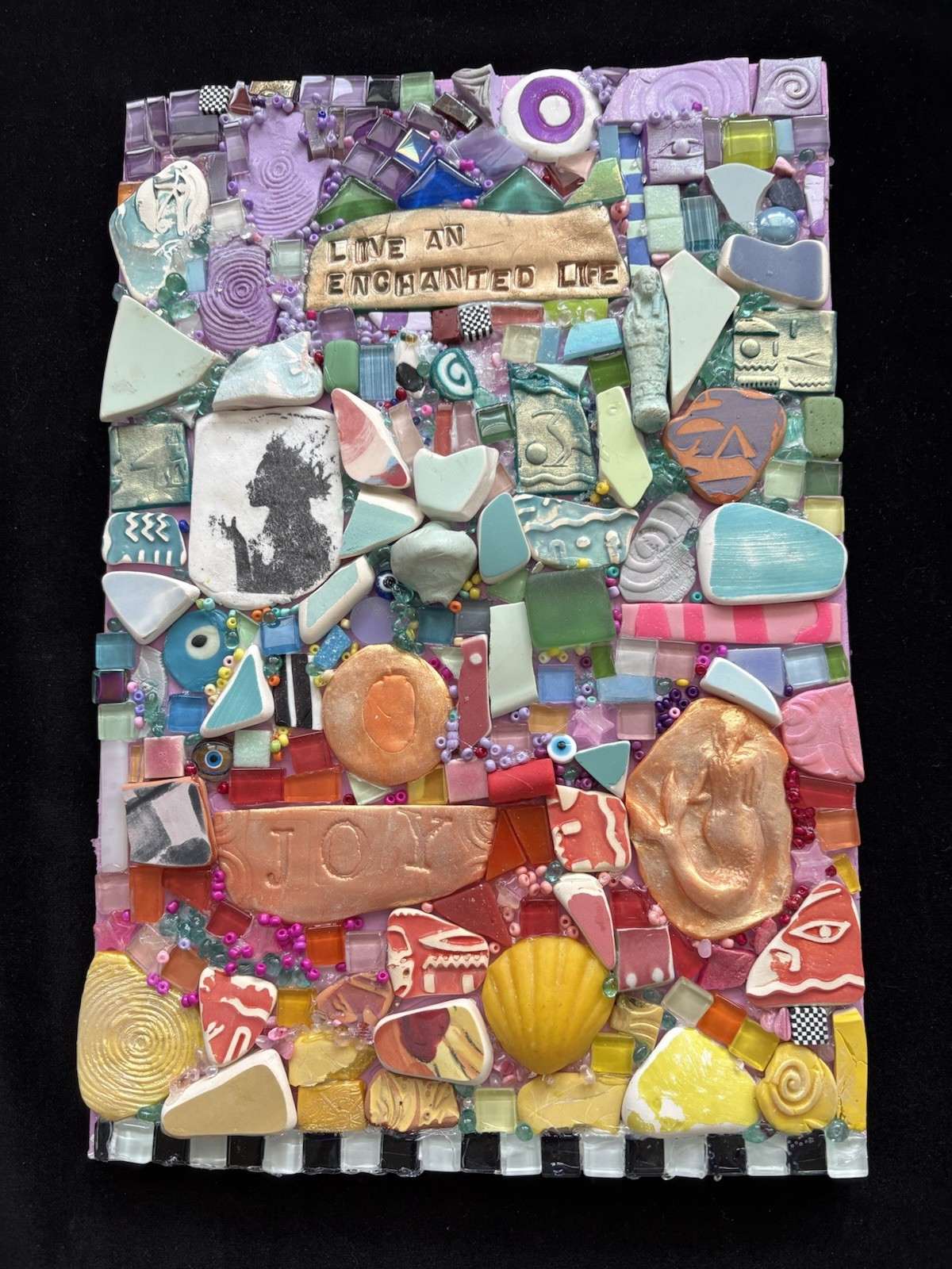 Handmade Mosaic Art” Enchanted Life”Polymer Clay Original On Wood  12”x 8”
