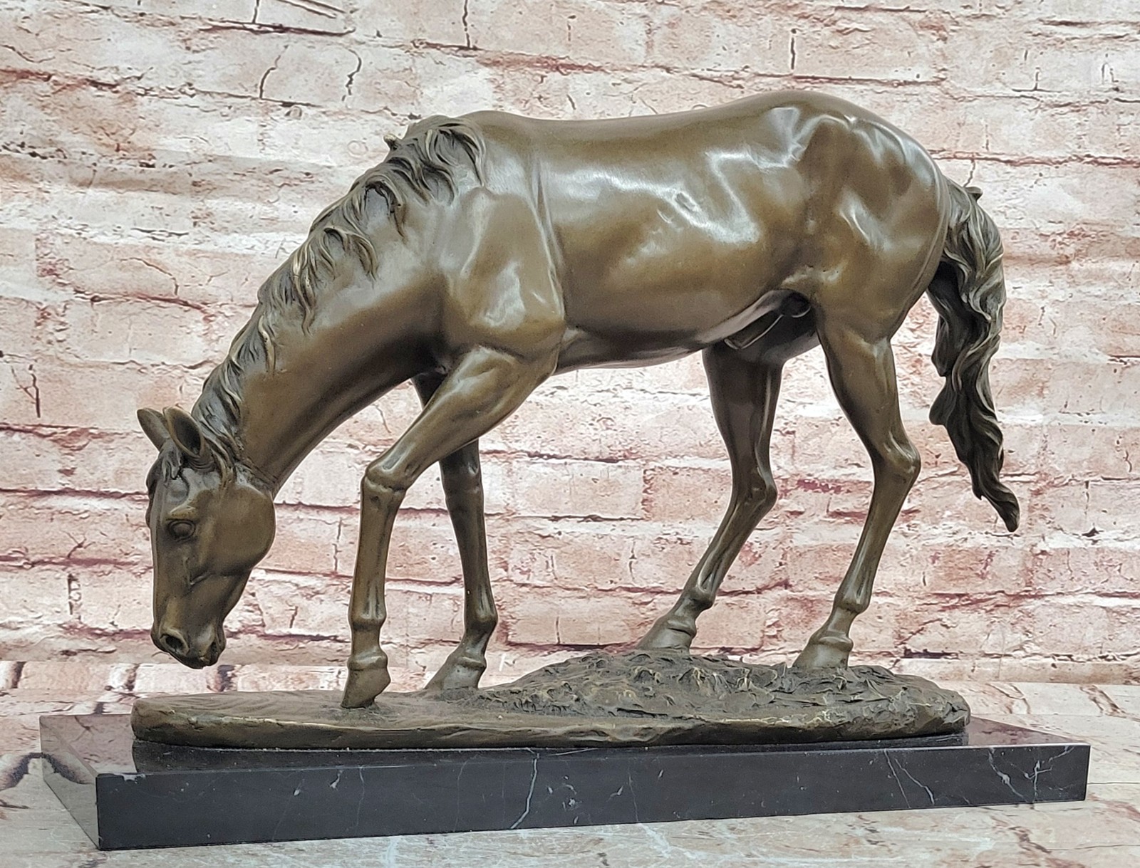 Monumental Bronze Horse Sculpture Marble Base Grazing Stallion Artwork