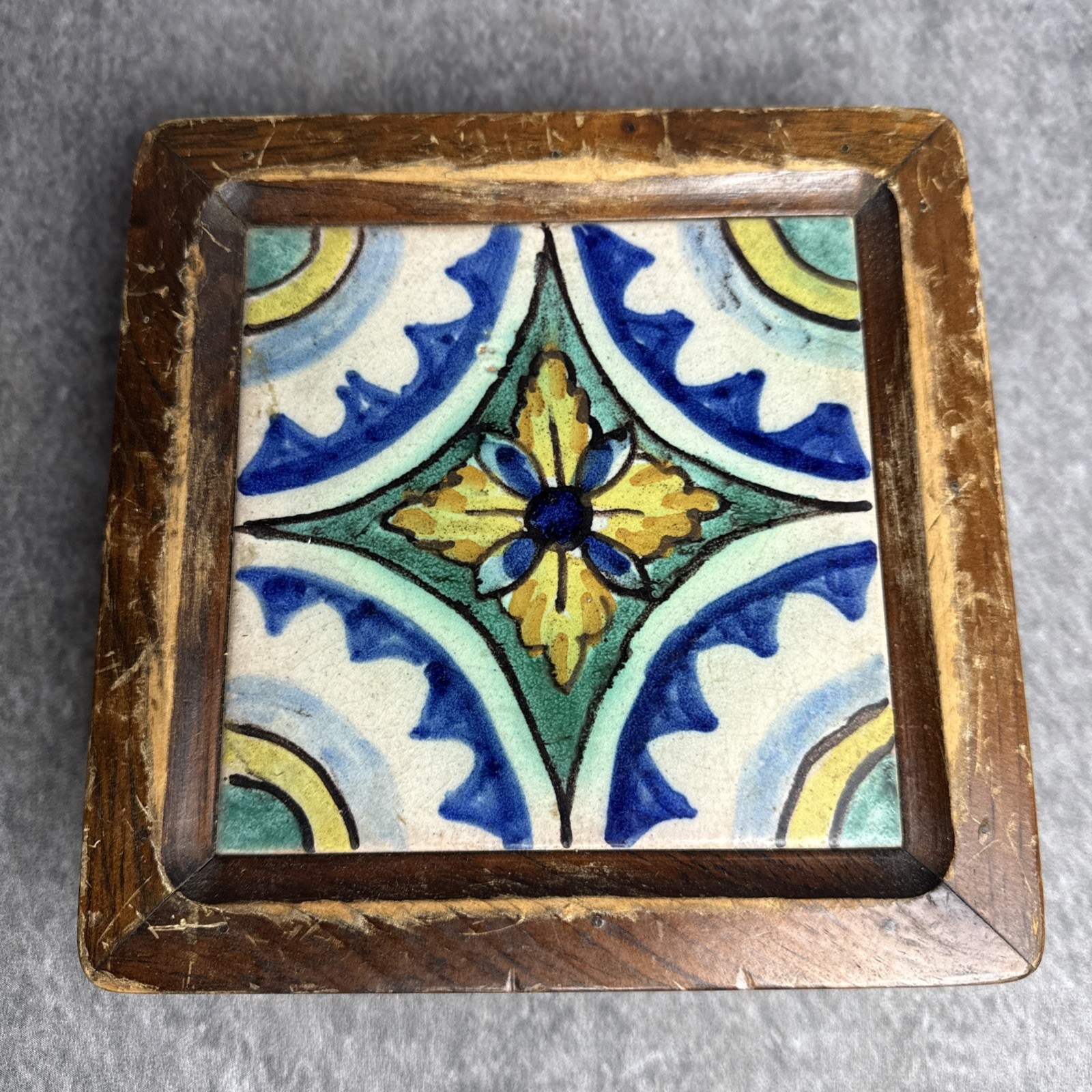 Vintage Tile Trivet Tray Wood Framed 8”