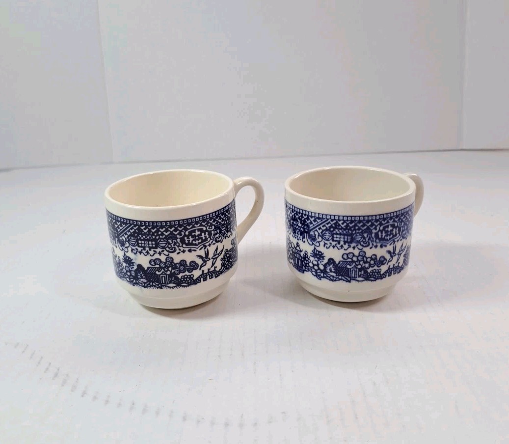 Set Of 2 Vintage Blue Willow Stackable Coffee Tea Cups Made In USA