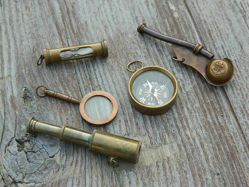 NAUTICAL Set of GIFT TELESCOPE COMPASS MAGNIFIER BOSUN WHISTLE SAND TIMER Brass