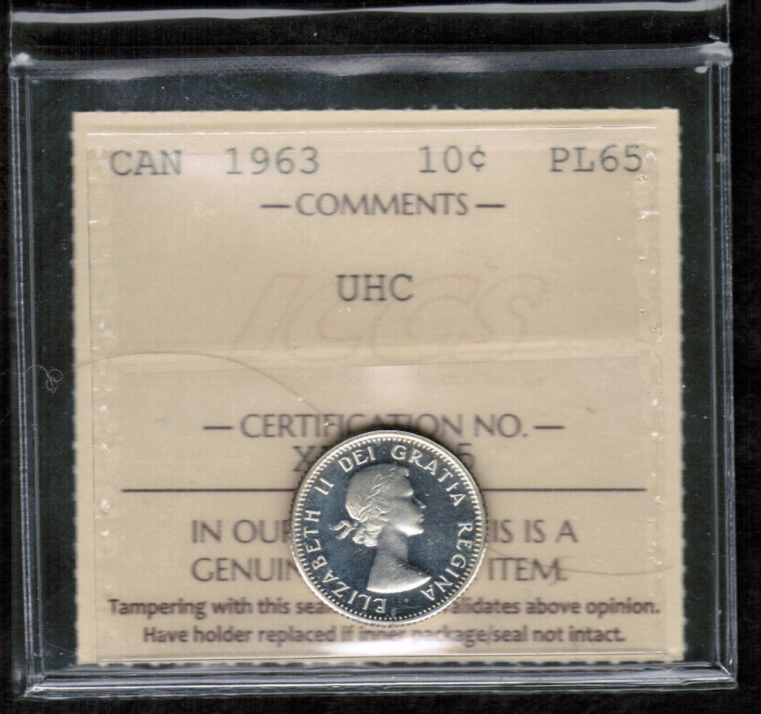 Canada 1963 10 CENTS Silver ICCS PL65  UHC Ultra Heavy Cameo
