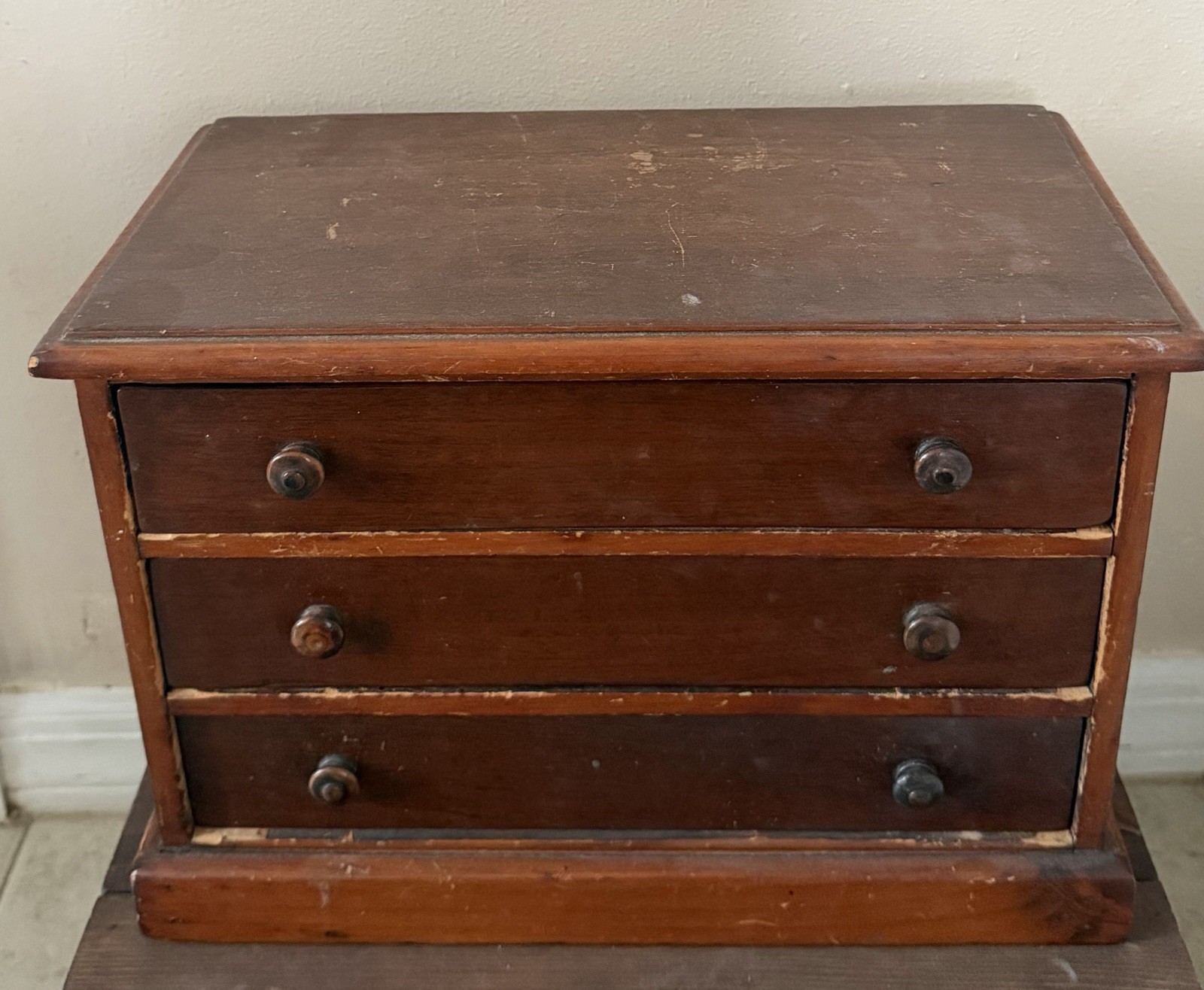 Old Wood Jewelry Box Three Drawers Primitive Decor 14” Long