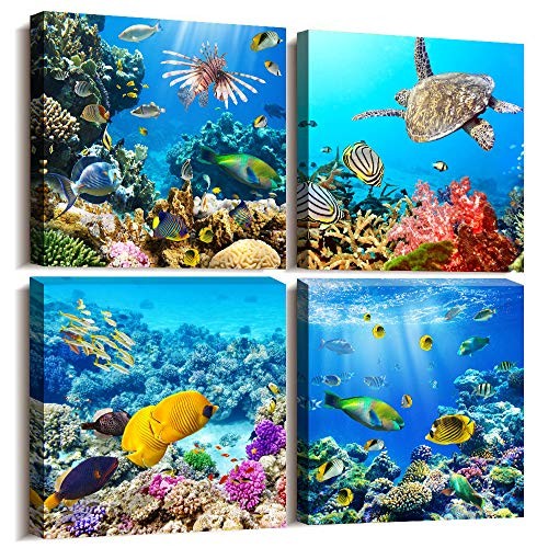 Bathroom Wall Decor Canvas Wall Art 12x12inches*4pcs Sea Fish And Sea Turtles