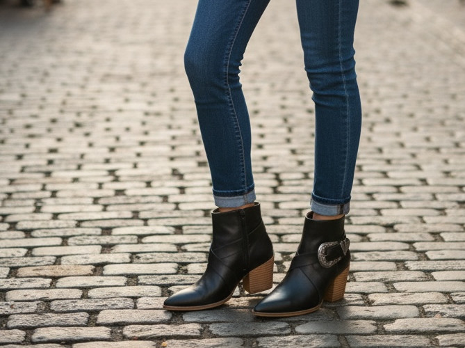 Beast Fashion Women's Black Leather Ankle Booties with Buckle Detail, Size 8